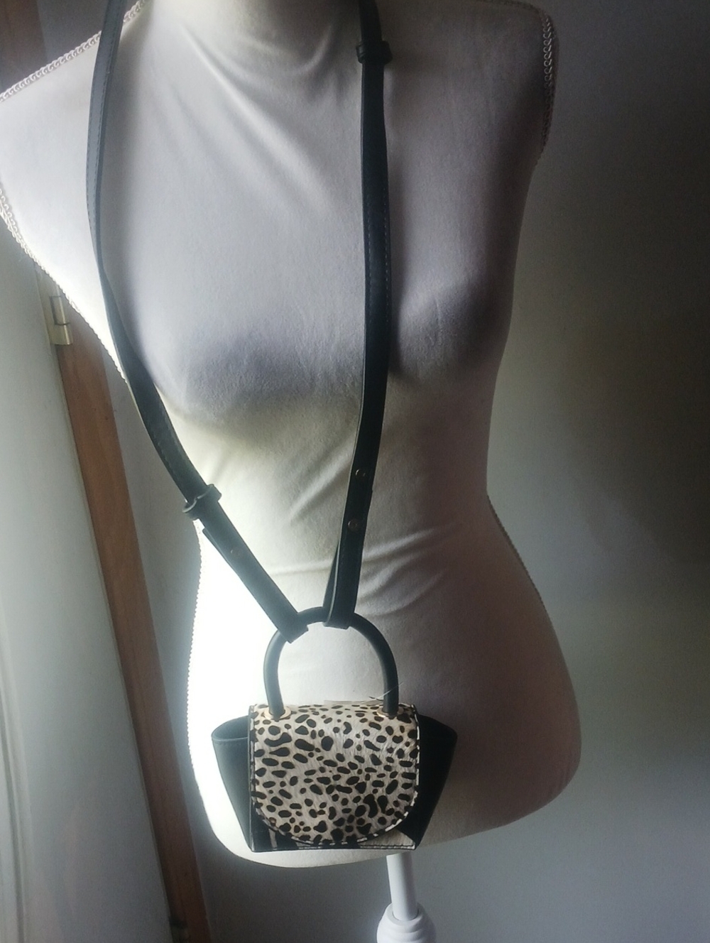 Leather Belt  Bag with Leopard Print Flap - Black & Beige